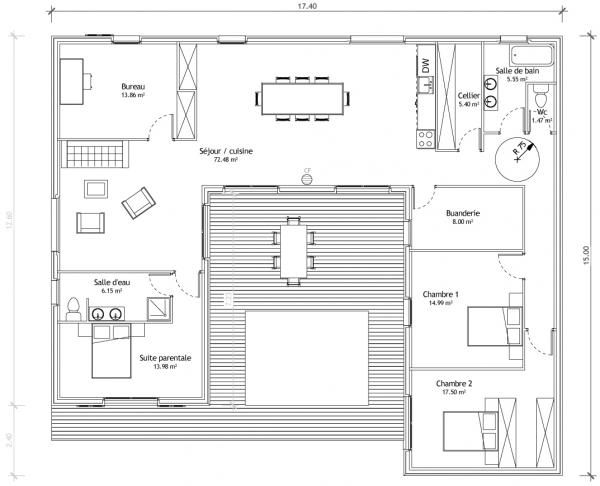Plan de maison avec cuisine centrale