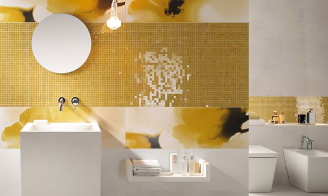 Carrelage salle de bain jaune orange