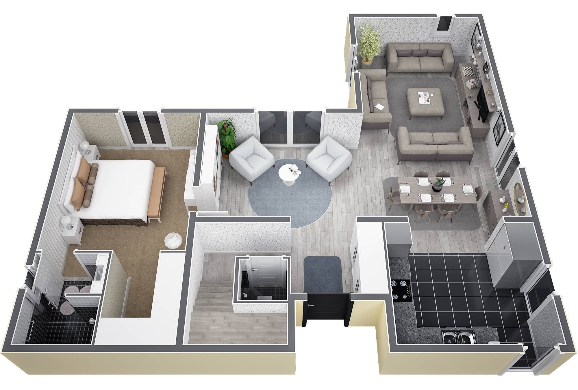 Plan amenagement salon cuisine terrasse