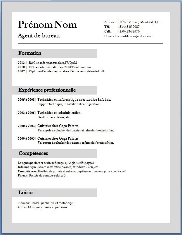 Modele cv cuisine gratuit