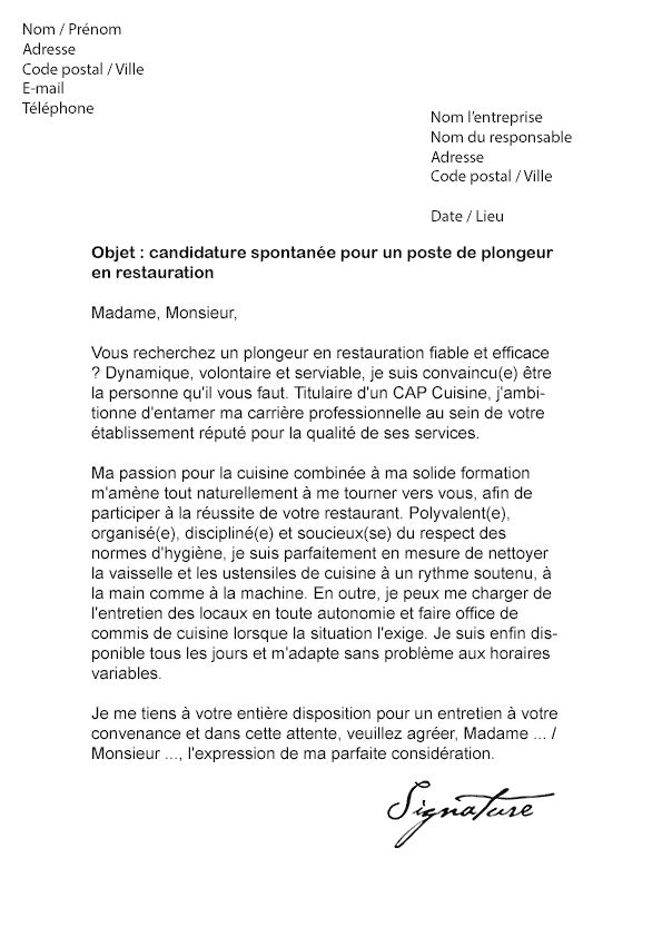 Modele lettre de motivation agent de restauration collective