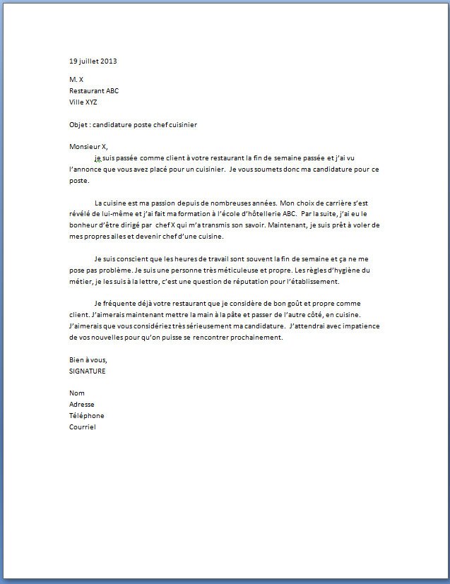 Modele de lettre de motivation cuisine collective