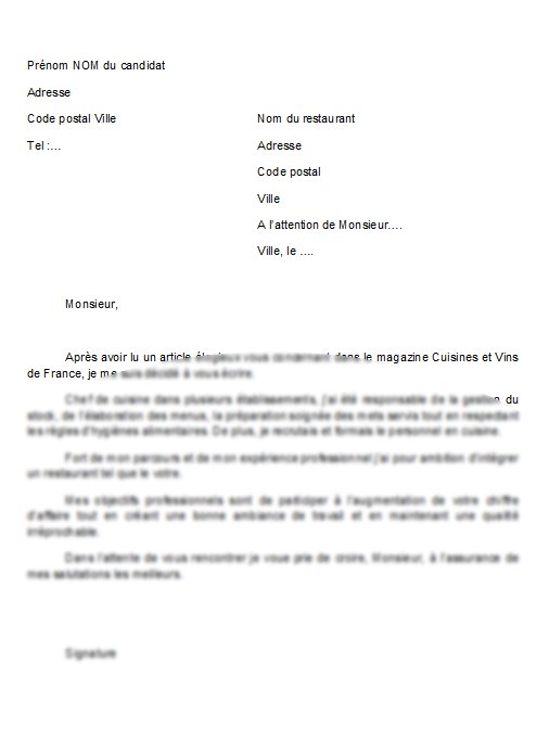 Modele de lettre de motivation de cuisinier