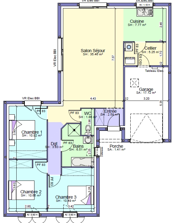 Plan maison 3 chambres cuisine
