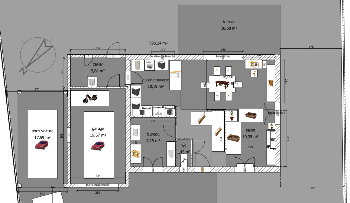 Plan salon avec cuisine ouverte