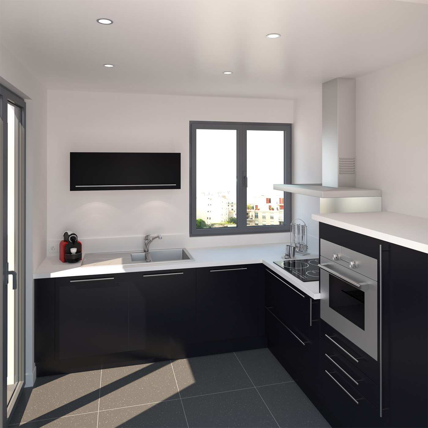 Cuisine plan de travail blanc evier noir