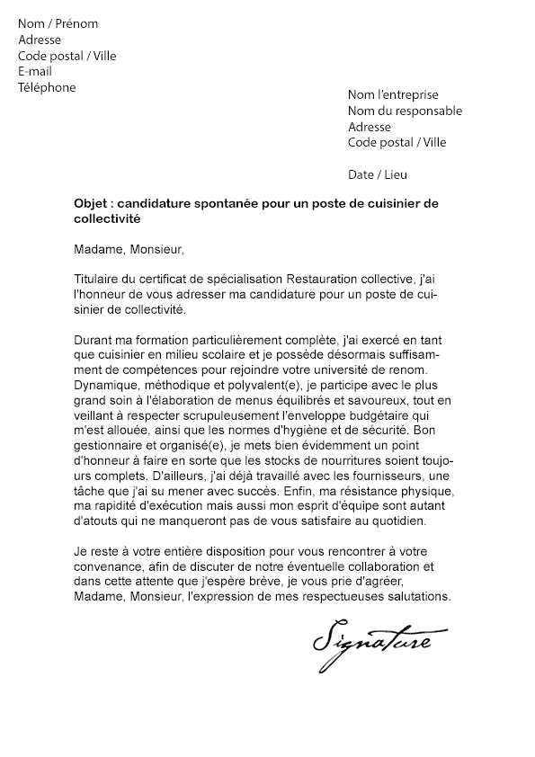 Exemple de lettre de motivation cuisinier saisonnier