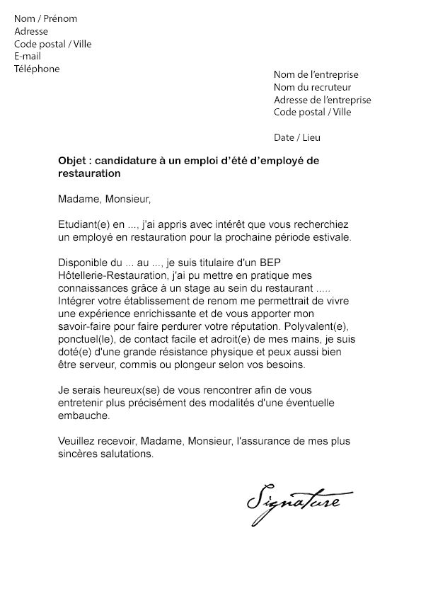 Modele de lettre de motivation gratuite commis de cuisine
