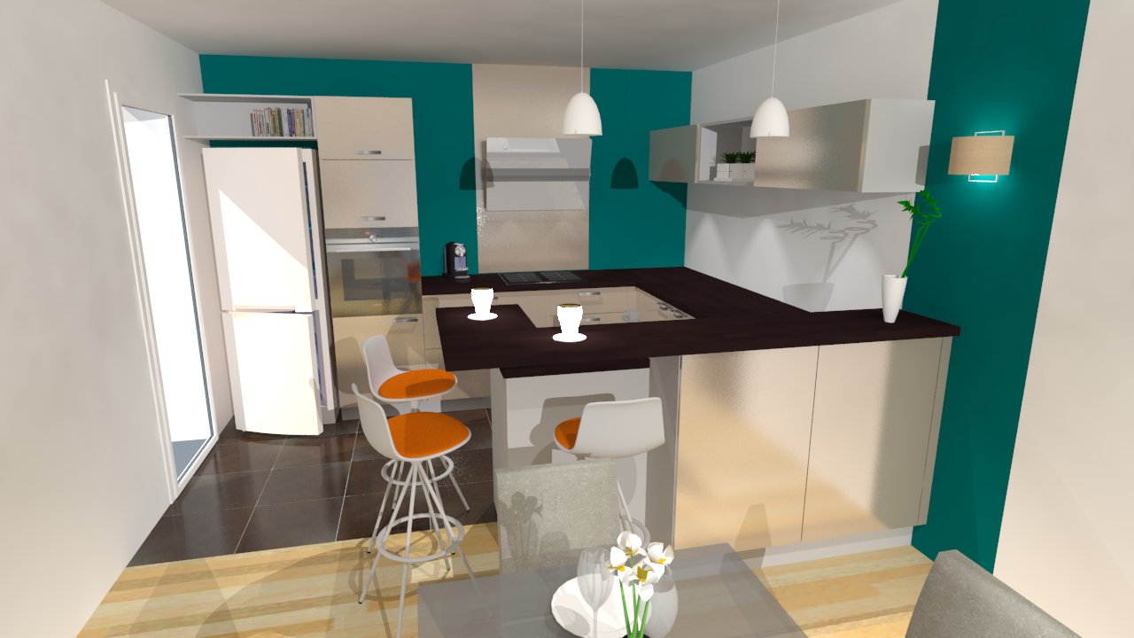 Couleur mur cuisine avec meuble marron
