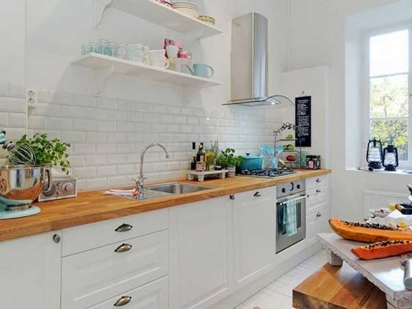 Photo cuisine blanc plan travail bois