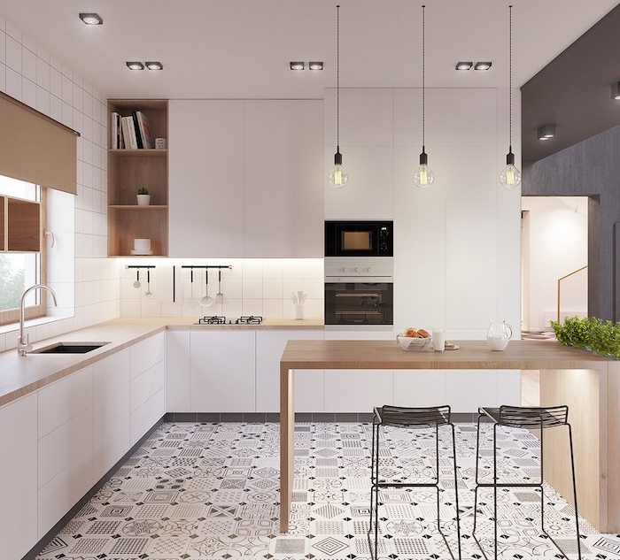 Cuisine bois clair plan de travail blanc