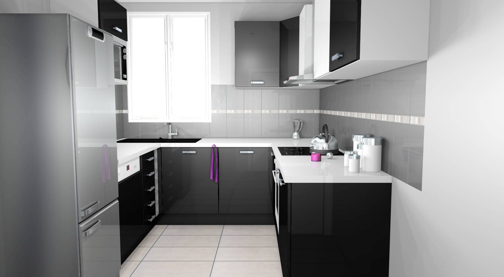Cuisine meuble blanc et plan de travail gris