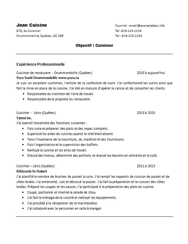 Model cv cuisinier maroc