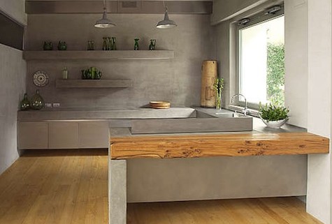 Cuisine bois et plan de travail beton