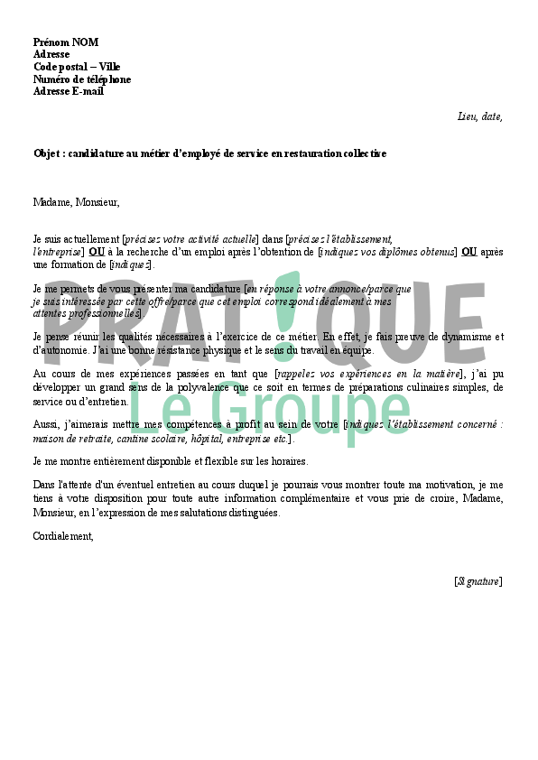 Exemple lettre de motivation gratuite commis de cuisine