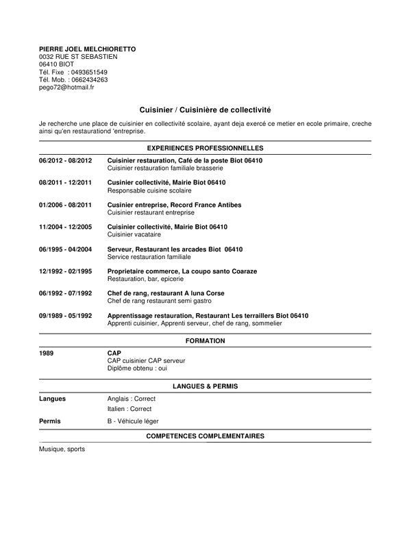 Cv cuisinier collectivité debutant