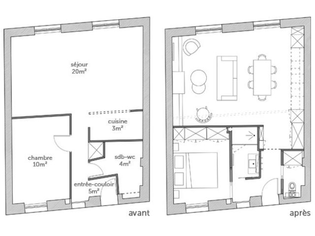 Plan salon sejour cuisine 45m2