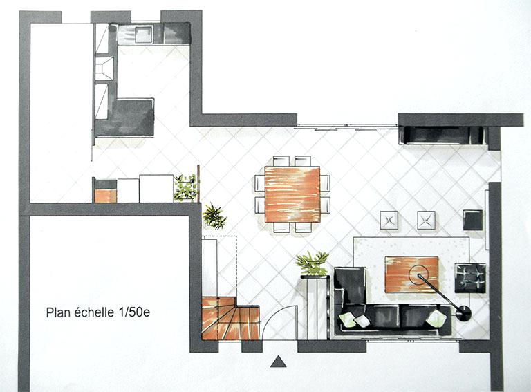 Plan salon cuisine ouverte 40m2