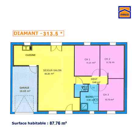Plan 3 chambres salon cuisine