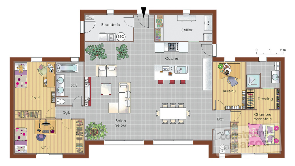 Plan maison avec cuisine centrale