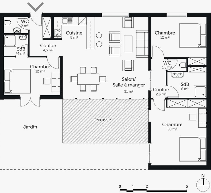 Plan maison 3 chambres salon cuisine