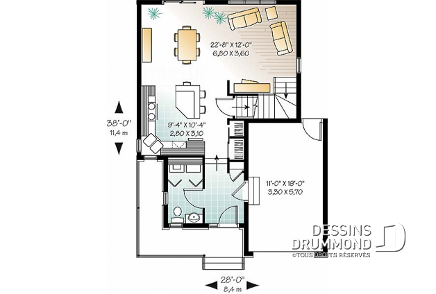 Plan de maison avec cuisine en avant