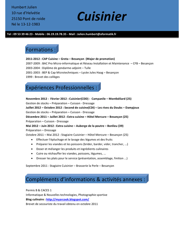 Cv cuisinier collectivité gratuit