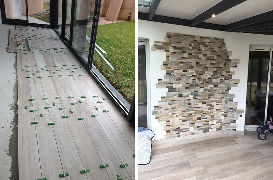 Carrelage imitation parquet dans veranda