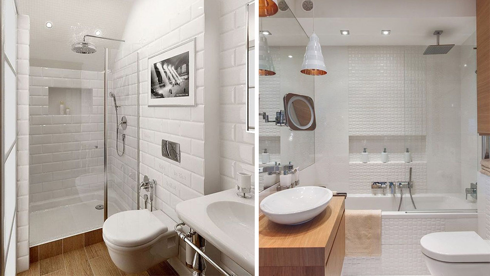 Salle de bain carrelage blanc et bois